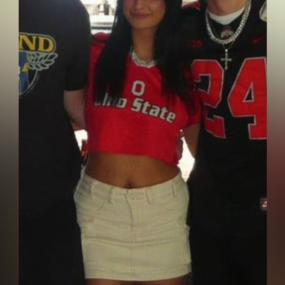 This is a Ohio State Jersey looking crop top, it is an XL, but cropped fits all - Picture 2 of 2